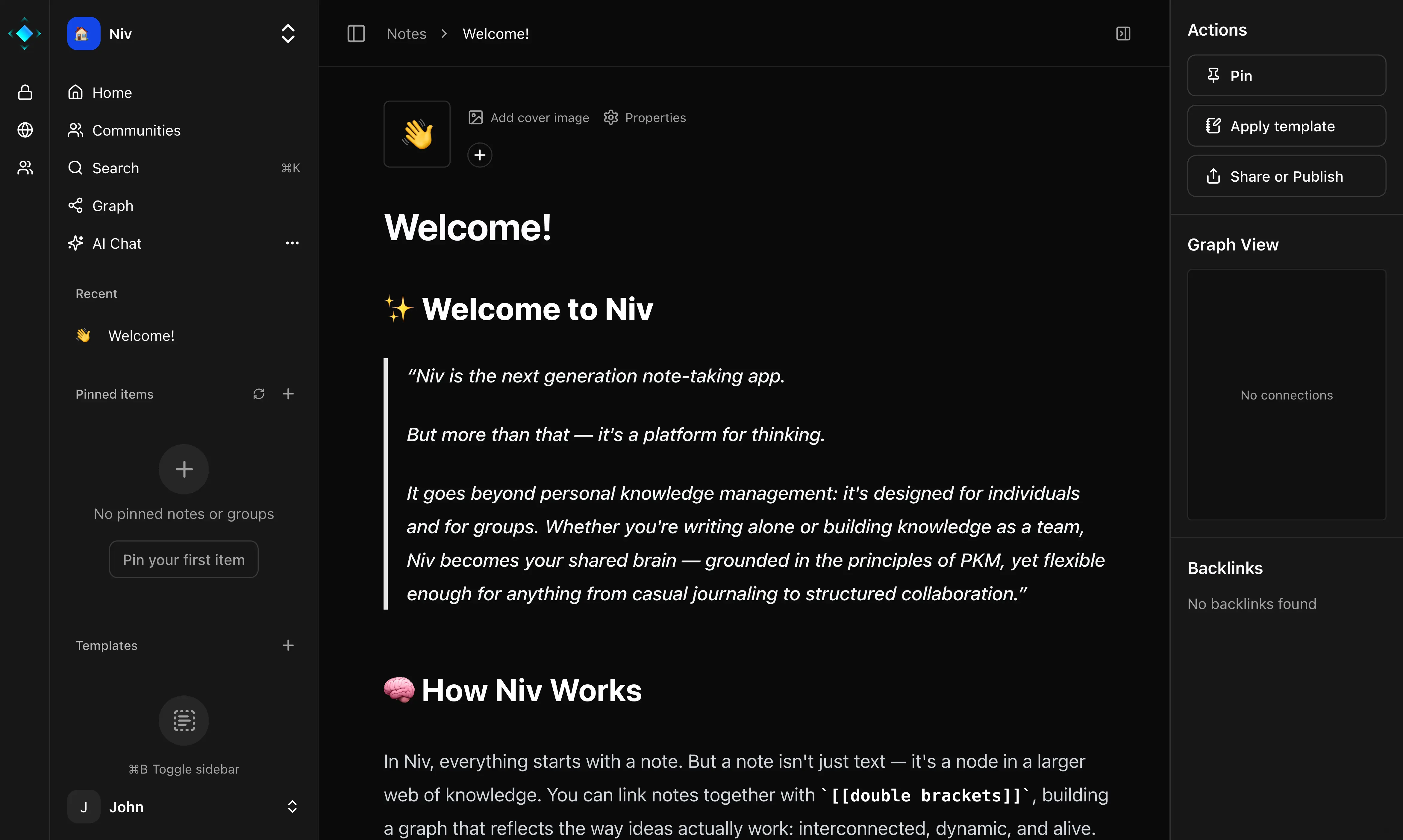 Niv collaborative note taking workspace interface